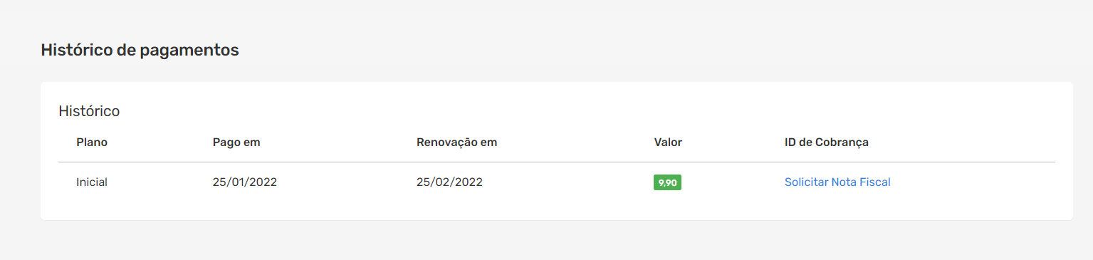Tela de histórico de pagamentos