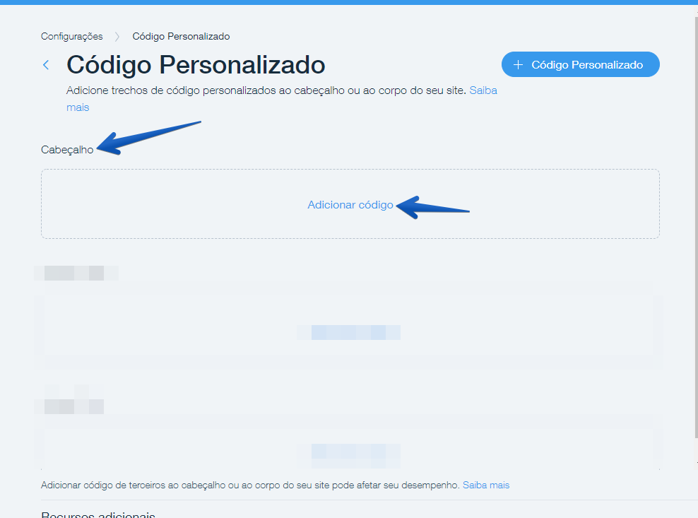 Seção de edição de códigos personalizados no Wix
